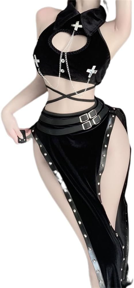Women's sexy high slit cheongsam underwear lace mesh velvet Chinese dress