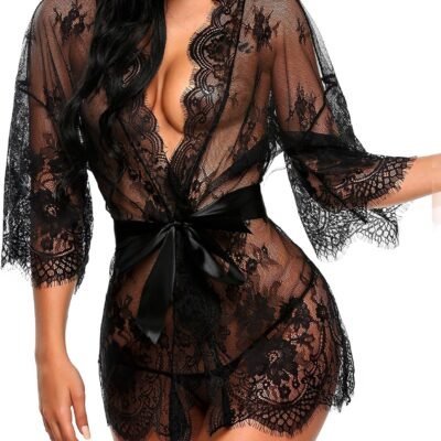 Women's Lace Kimono Robe Babydoll Lingerie Mesh Nightgown S-5XL